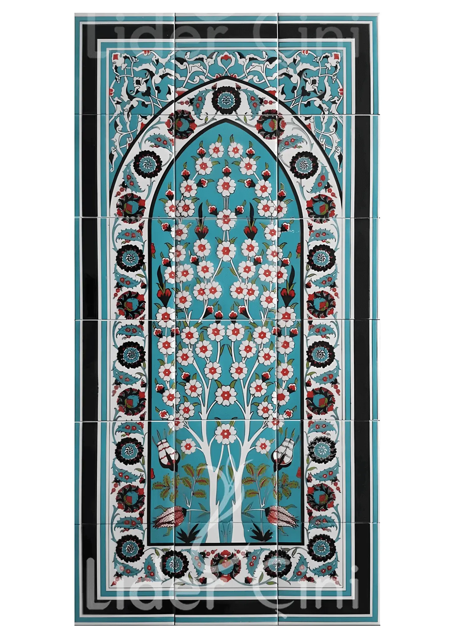 Çini Panolar-29-Siyah Çerçeveli Hayat Ağacı Çini Kütahya Çini Pano, Çini Tablo