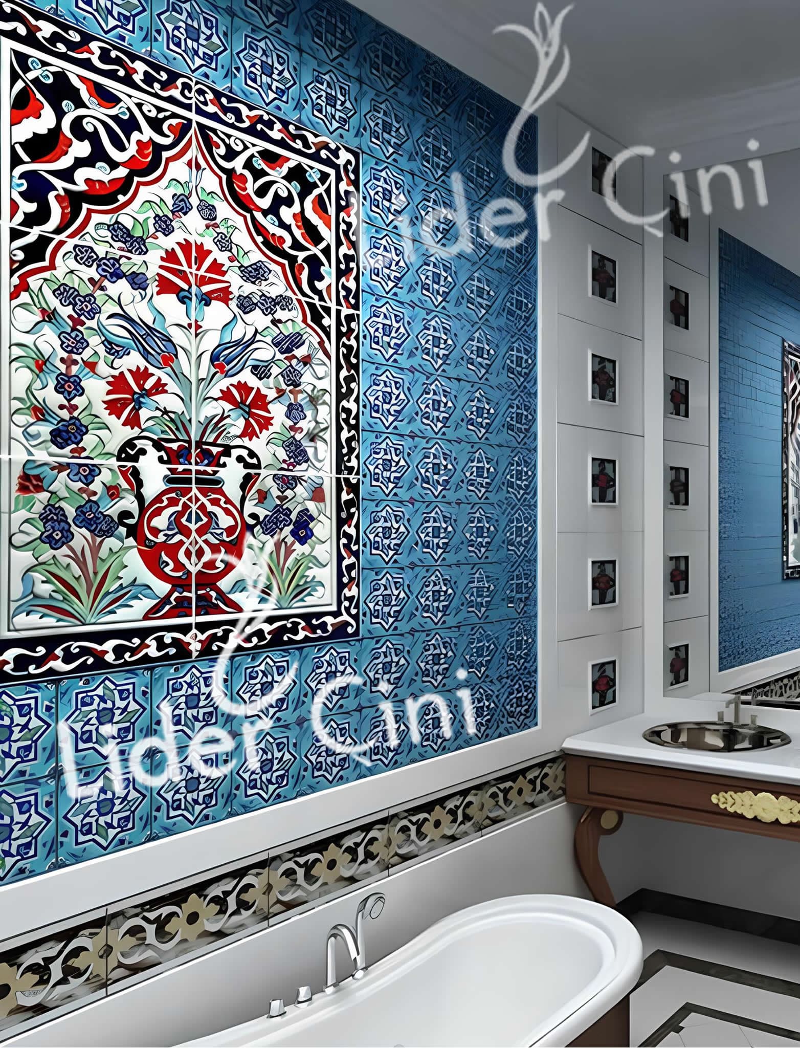 Hamam Çinileri-15, Lider Çini,  Hamam Proje Pano, Hamam Panoları, Hamam Çini, Hamam Kurna Önü Çinisi, Hamam Çini Seramik, Hamam Kurnası Çini Pano