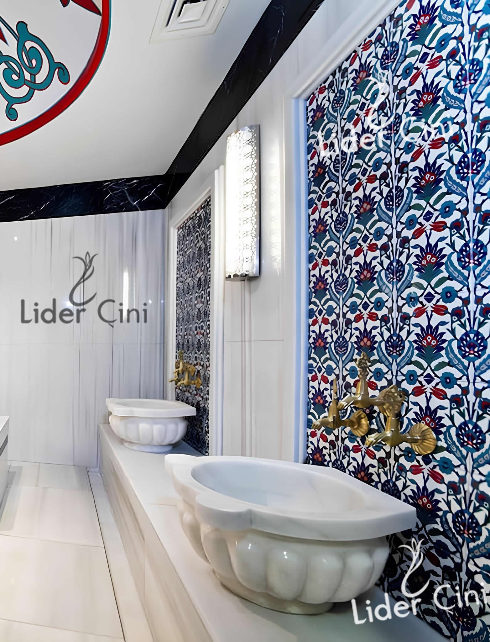 Hamam Çinileri-16, Lider Çini, 80x160 Selçuklu Desenli Çini Hamam Panoları, Türk Hamam Çini Panoları, Osmanlı Hamamı Çini Tasarımları, Hamam Seramik Çini