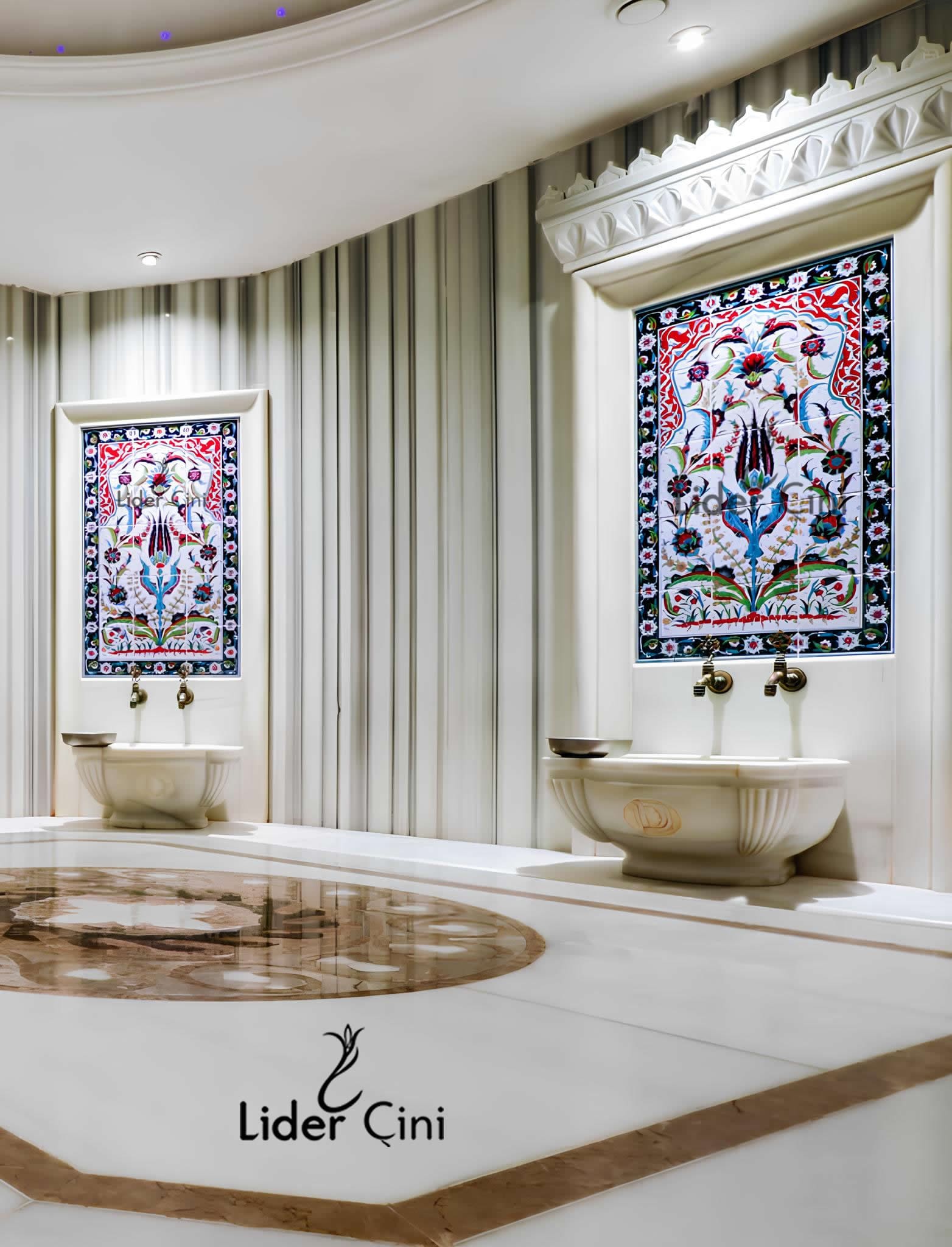 Hamam Çinileri-26, Lider Çini 60x120 Kütahya Lale Desenli Hamam Çini, Turkish Bath Tile,  Çinili Hamam Tasarımı, Jakuzi Önü Çini Panolar