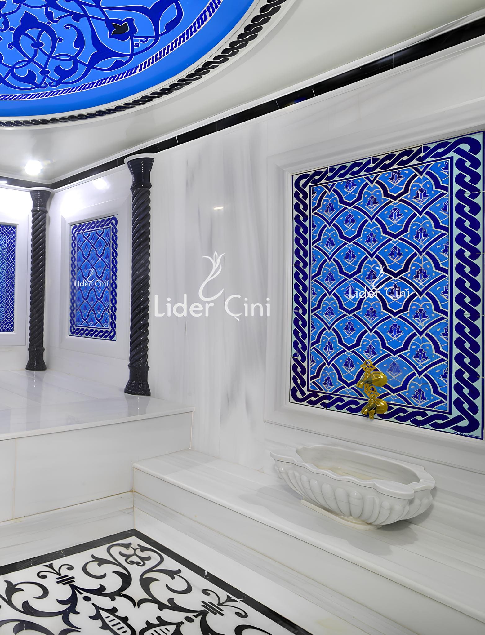 Hamam Çinileri-27, Lider Çini, 80x160 Mavi Desenli Çini Modeli Hamam Kurna Çinisi, Ev Tipi Hamam Çinileri, Bath Panels Tiles, Hamam Çinisi Pano