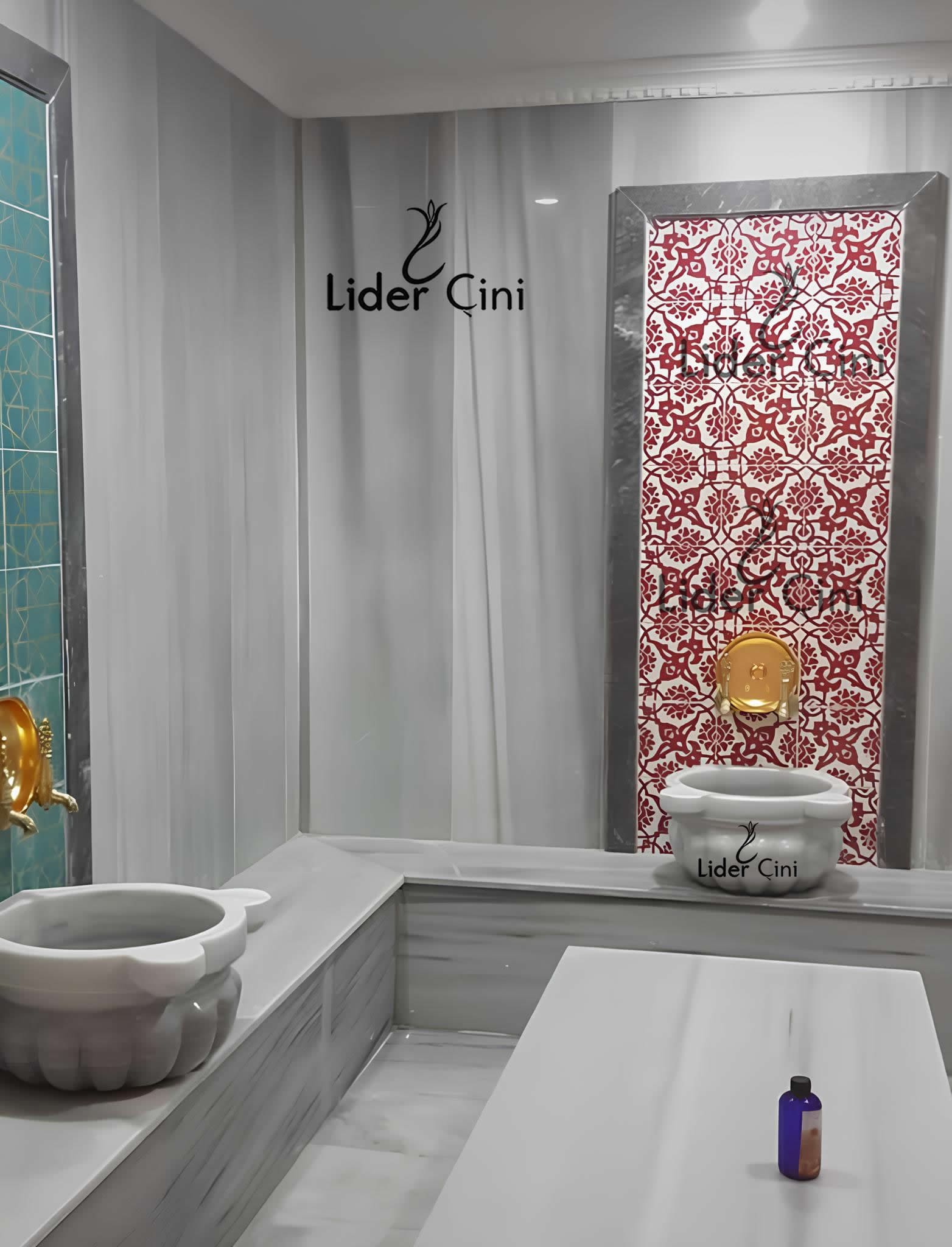 Hamam Çinileri-39, Lider Çini, 80x160 Kırmızı Beyaz Hamam Kurna Çinileri, Hamam Kurnası Çini Pano, Hamam Çini, Hamam Modelleri