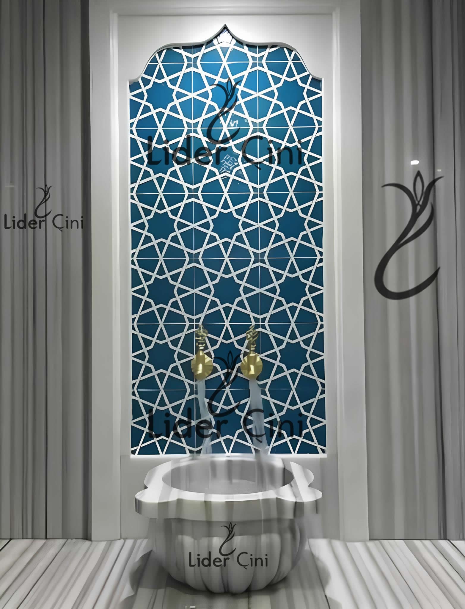 Hamam Çinileri-41, Lider Çini, 60x120 Mavi Türkmen Yıldızı Hamam Çini  Modeli, Hamam Seramik Çini, Kütahya Hamam Çini, Türk Hamamı Çinisi Modelleri