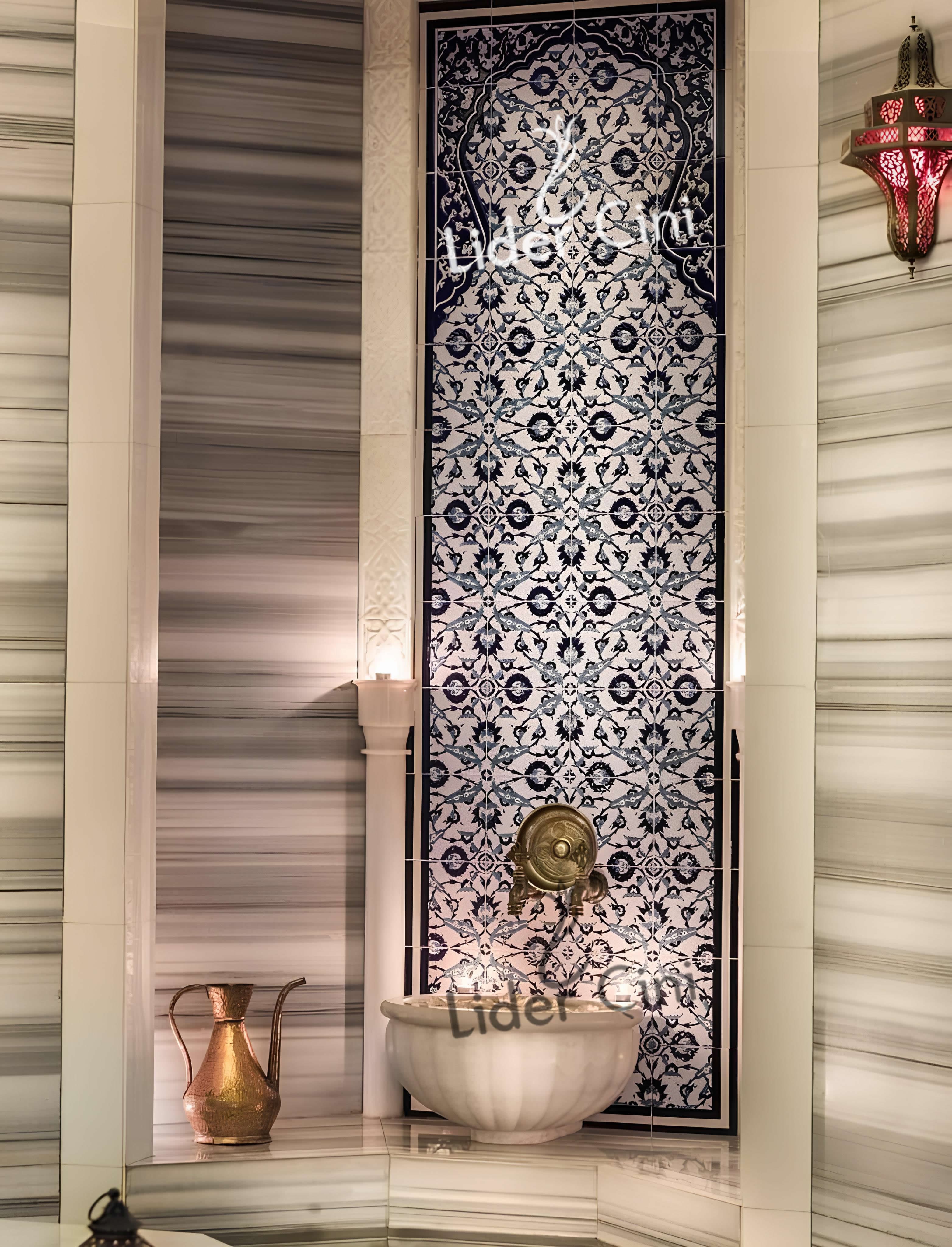 Hamam Çinileri-91, Lider Çini, Hamam Kurna Hayat Ağacı Çini Pano, Villa Tipi Hamam Çinisi, Ottoman Bath Tile